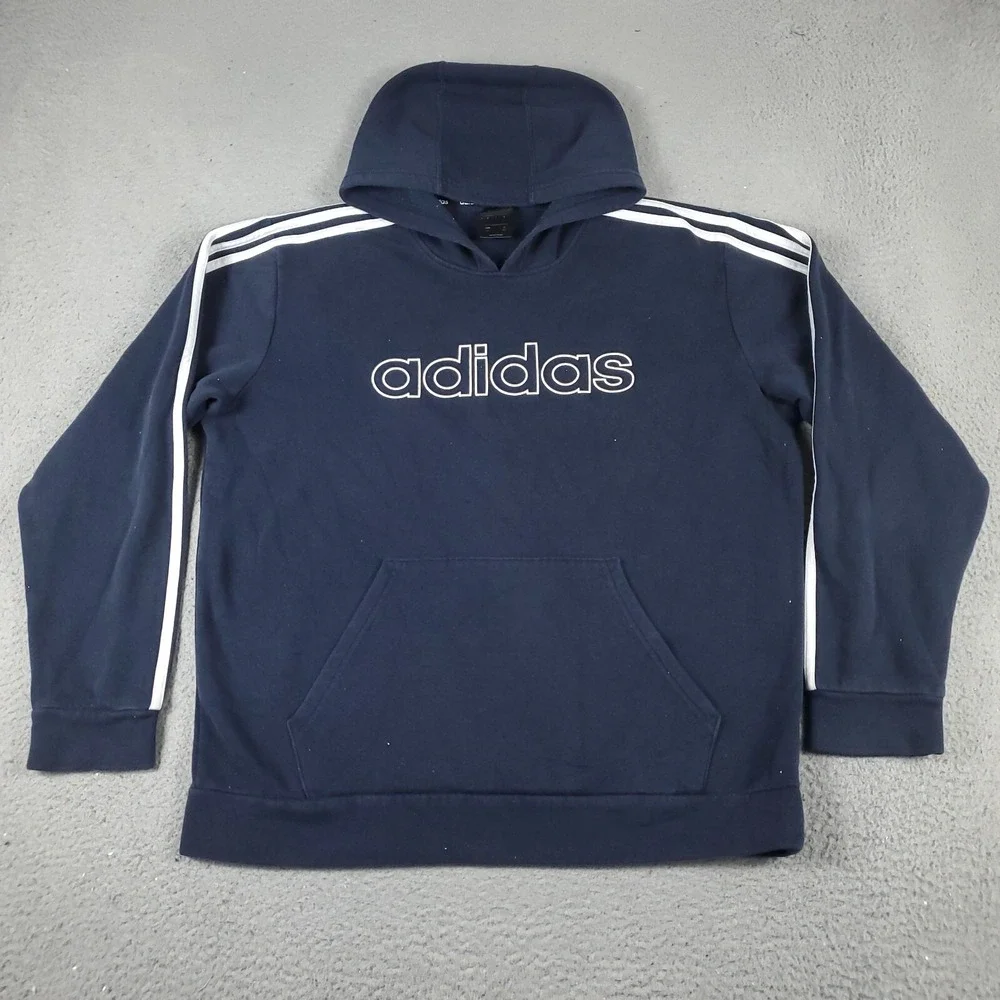 Adidas Mens Hoodie Large Blue Pullover Sweatshirt 3 Stripe Logo Activewear